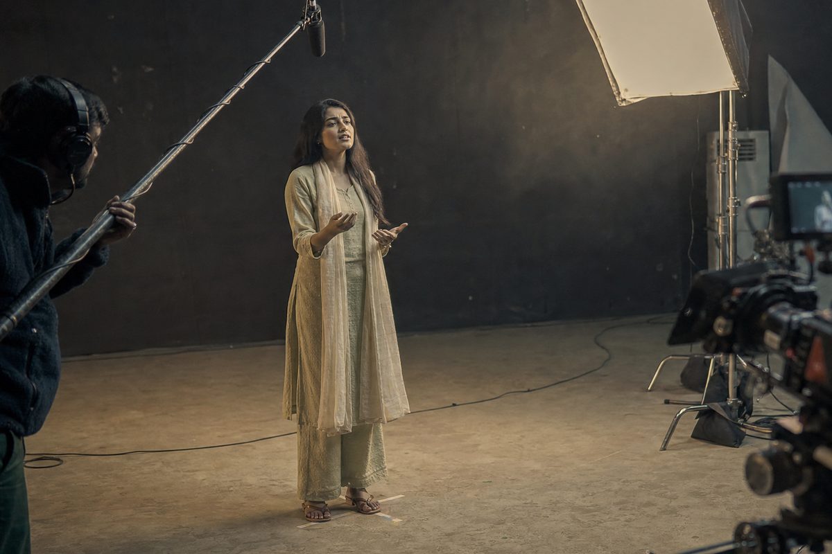 Actors performing to a locked guide track on the Film Closet floor in Dhaka.
